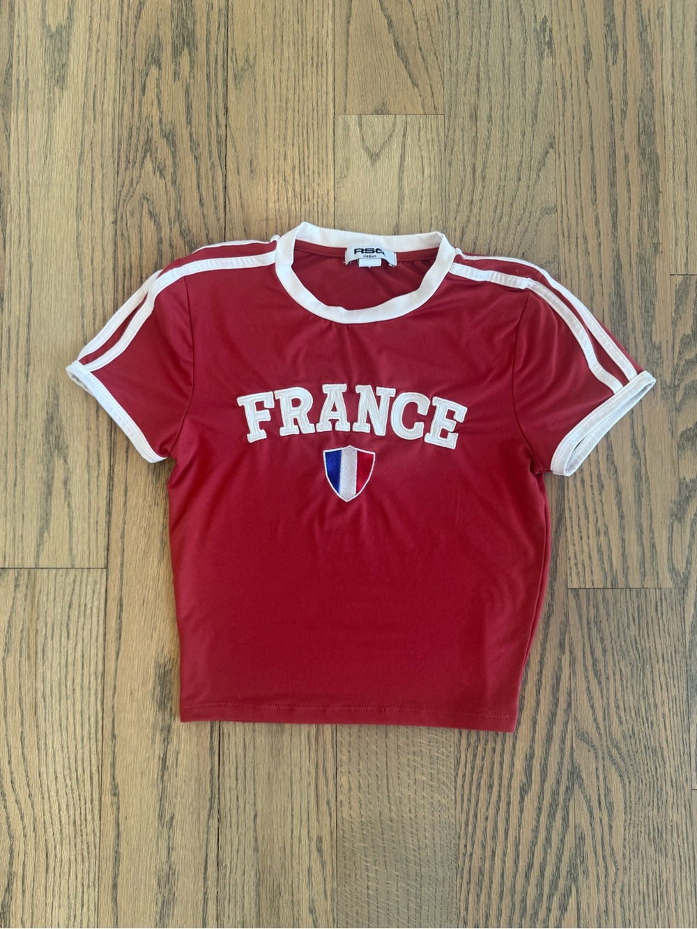 RSQ Tilly’s Red Crop Tee with White Trim and France Patch - Medium